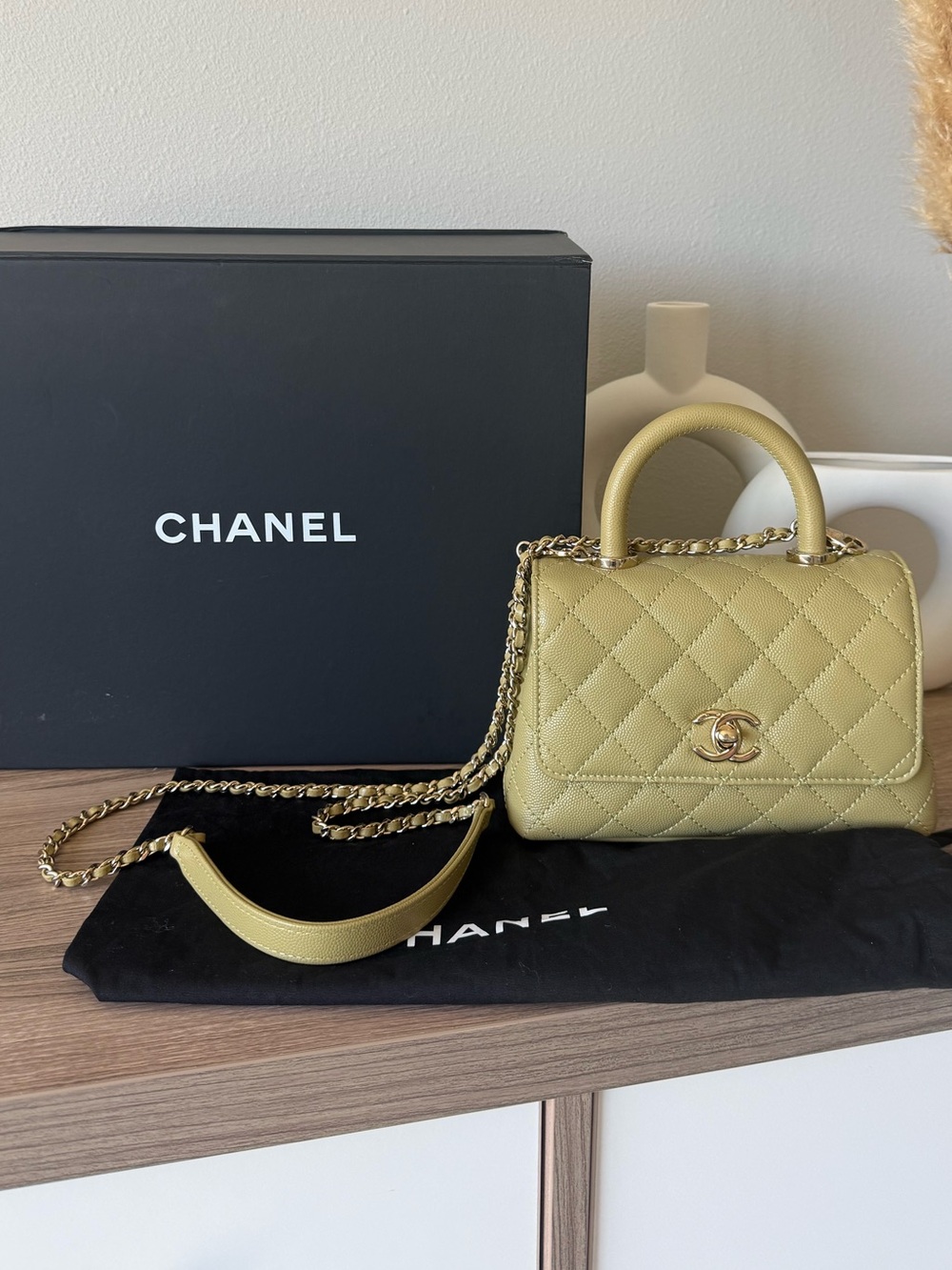 CHANEL Coco Top Handle Bag in Olive Green Caviar Leather with Gold Hardware - Picture 1 of 13